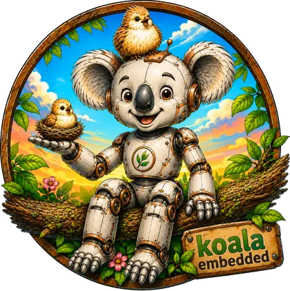 The Koala Embedded roundel: the robotic koala mascot sitting on a branch at sunset, holding a nest with a bird in it, beside a wooden sign reading Koala Embedded.