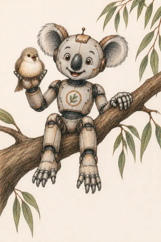 The Koala Embedded mascot sitting on a eucalyptus branch, holding a small bird on one outstretched hand.