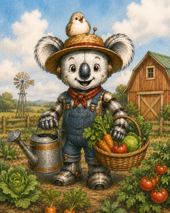 The Koala Embedded mascot dressed as a farmer with a straw hat, watering can and a basket of vegetables in front of a barn.