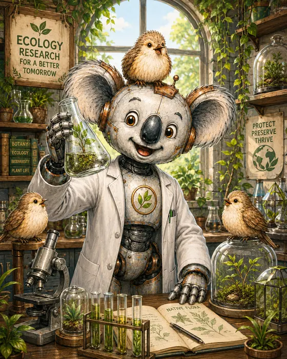 The Koala Embedded mascot in a lab coat holding a flask with a seedling inside, surrounded by plants, notebooks and instruments.