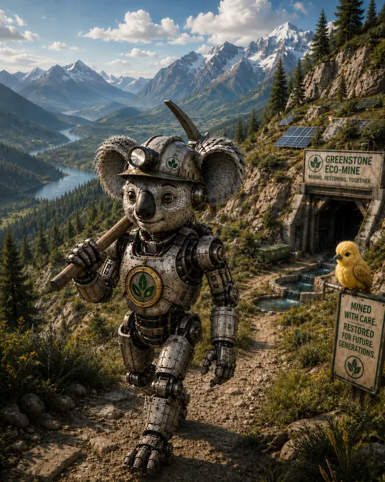 The Koala Embedded mascot in mining gear with a head torch, walking a trail beside a hillside eco-mine entrance.