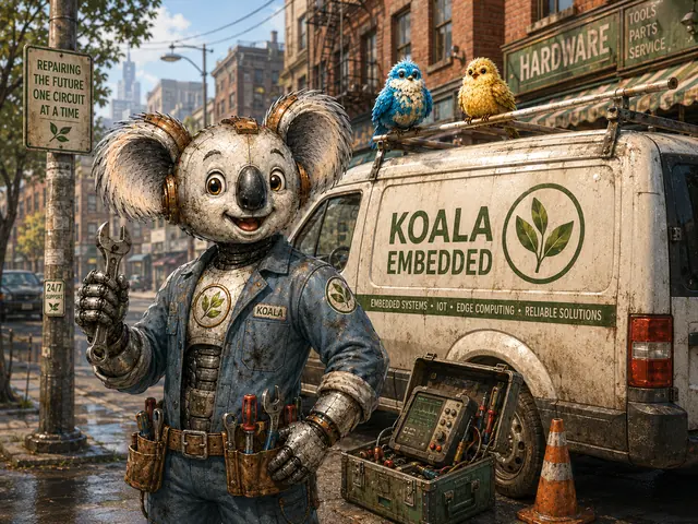 The Koala Embedded mascot in workwear holding a spanner beside a Koala Embedded service van and an open case of test equipment.