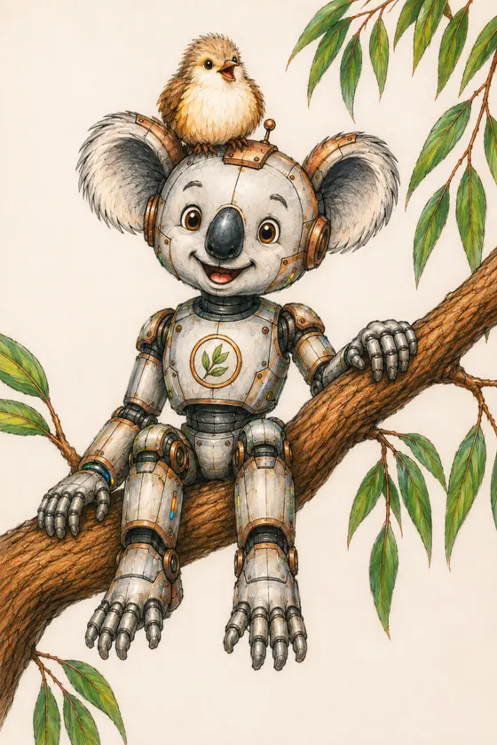 The Koala Embedded mascot, a friendly robotic koala with a leaf emblem on its chest, sitting on a eucalyptus branch with a small bird perched on its head.